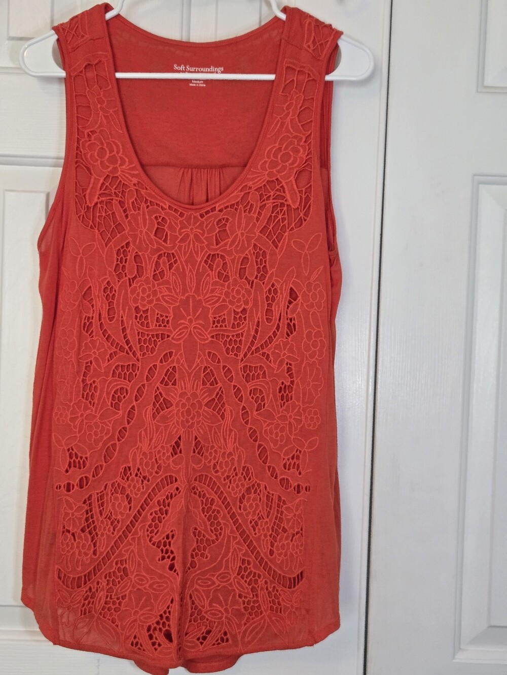 Soft Surroundings Women's Deep Orange Red Sleeveless Crochet Embroidered